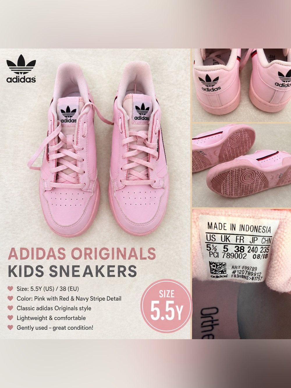 Adidas Originals Pink Continental 80 Sneakers – Size 5.5